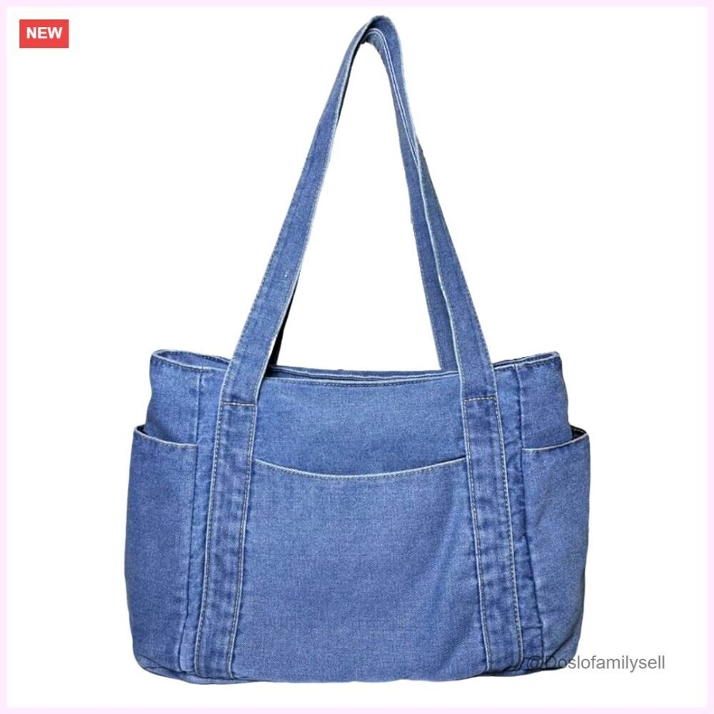 Denim Tote Bag with Multiple Pockets, Light Wash Casual Handbag